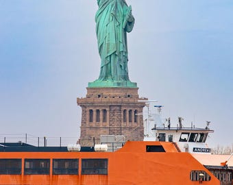 Unique giclée fine art museum grade new york print. the statue of liberty, manhattan with the staten island ferry, home decor poster