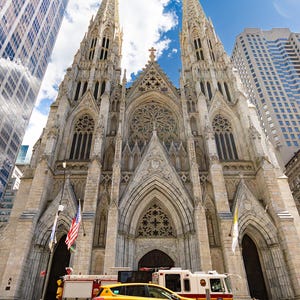 Fine Art museum grade print of St Patrick's Cathedral New York with a FDNY Fire Engine and yellow NY taxi on Fuji gloss archival paper image 2