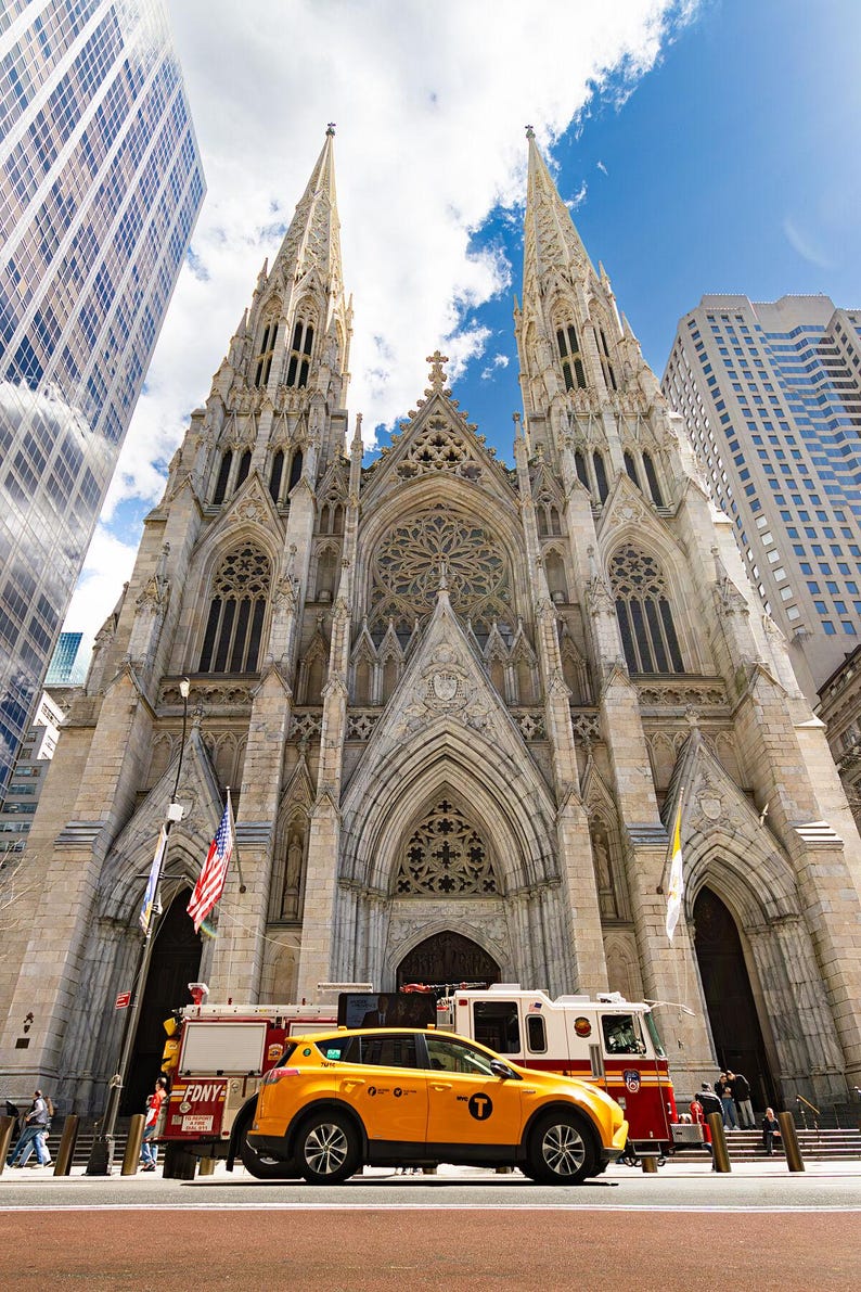 Fine Art museum grade print of St Patrick's Cathedral New York with a FDNY Fire Engine and yellow NY taxi on Fuji gloss archival paper image 2