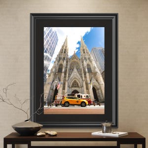 Fine Art museum grade print of St Patrick's Cathedral New York with a FDNY Fire Engine and yellow NY taxi on Fuji gloss archival paper image 1