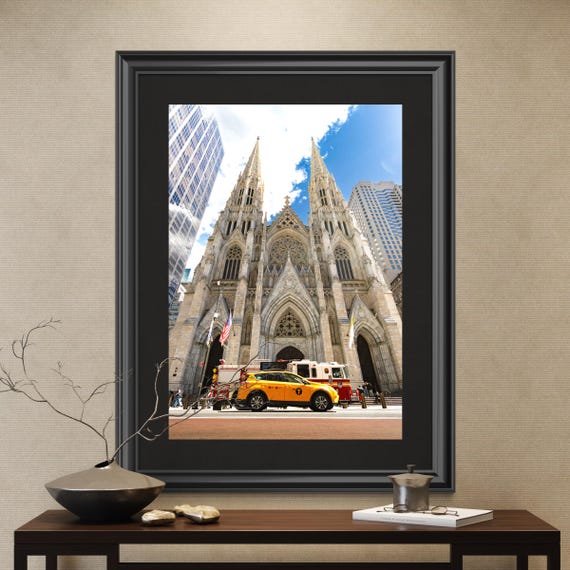 Fine Art museum grade print of St Patrick's Cathedral New York with a FDNY Fire Engine and yellow NY taxi on Fuji gloss archival paper