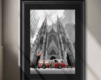 Fine Art museum grade B&W print St Patrick's Cathedral New York with a red FDNY Fire Engine on Fuji gloss professional archival paper