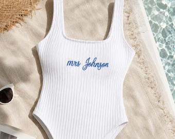 Custom Embroidered Bride Swimsuit, New Last Name Bride Gift, Wedding Gift Bride, Personalized Lingerie Bride, Bridal Shower, Honeymoon Gift