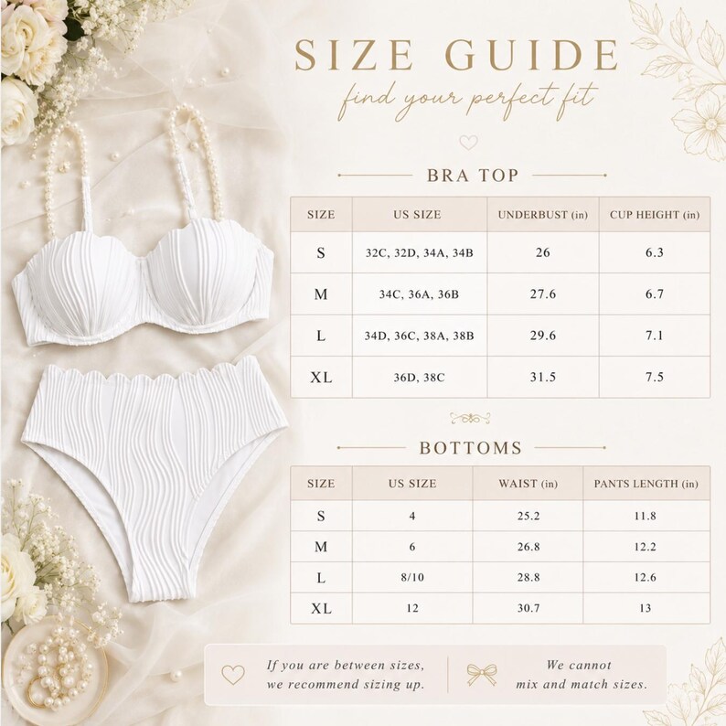 May include: A white two-piece swimsuit featuring a textured bra top with pearl-embellished straps and high-waisted bottoms. A size guide chart is displayed to the right, listing US sizes, underbust, cup height, waist, and pants length in inches.