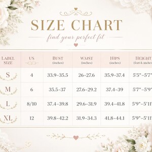 May include: A size chart table with columns for label size, US size, bust, waist, hips, and height in inches and feet. The table lists sizes S, M, L, and XL with corresponding measurements for each category, framed by decorative floral illustrations.