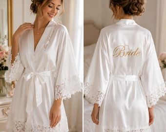 Custom Embroidered Lace Satin Robe for Bride, Personalized wedding day gift for bride, Bridesmaids Robes with Name, Bridal Gifts, Honeymoon