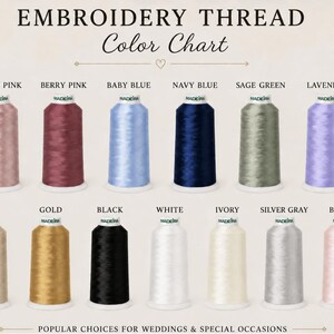 May include: An embroidery thread color chart featuring twelve spools of Madeira thread in dusty pink, berry pink, baby blue, navy blue, sage green, lavender, beige, gold, black, white, ivory, silver gray, and blush, labeled with their color names.