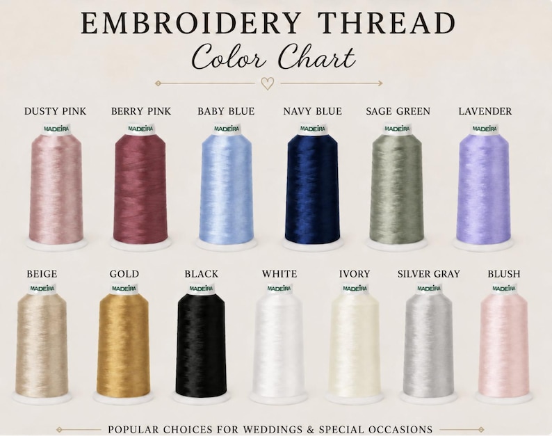 May include: An embroidery thread color chart featuring twelve spools of Madeira thread in dusty pink, berry pink, baby blue, navy blue, sage green, lavender, beige, gold, black, white, ivory, silver gray, and blush, labeled with their color names.