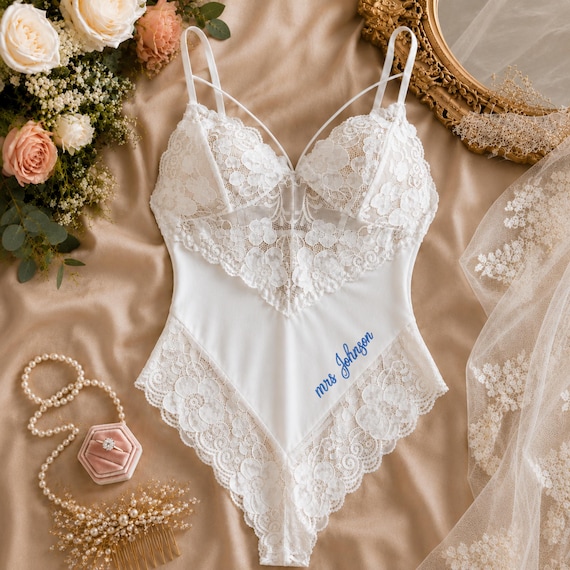 Custom Embroidered Bridal Lingerie Lace, Getting Ready Outfit Bride, Wedding Gift Bride, Personalized Lingerie Bride, Bridal Shower Gifts