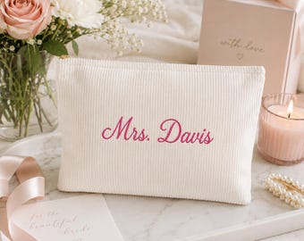 Custom Embroidered Bride Toiletry Bag, Makeup Bag for Bride, Gift for Bride, Honeymoon, Engagement Gift, New Last Name, Bridal Shower Gifts