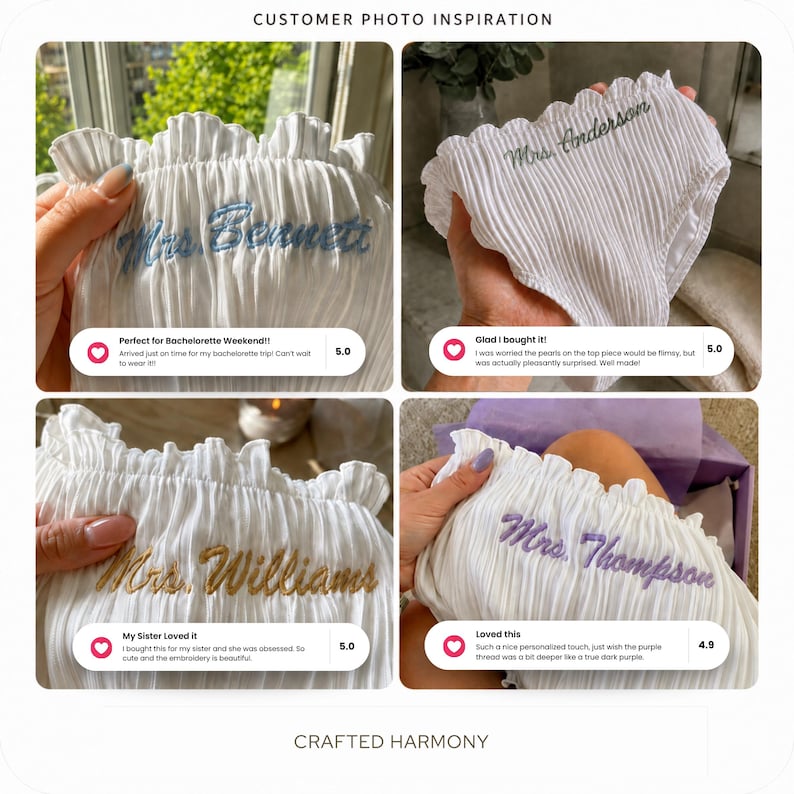 May include: Four white pleated fabric garments with ruffled edges, each featuring custom embroidery in different thread colours: blue reading Mrs. Bennett, grey reading Mrs. Anderson, gold reading Mrs. Williams, and purple reading Mrs. Thompson.