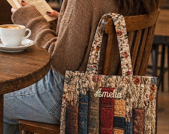 Custom Embroidered Book Lover Bag with Name, Personalized Vintage Quilted Bag, Gift for Book Lover, Book Club,  Mother's Day Gift