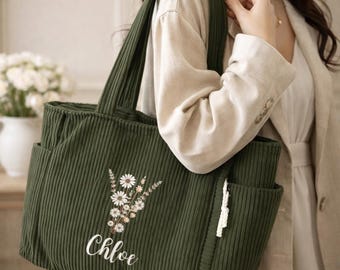 Embroidered Wildflower Corduroy Tote Bag: Personalized Shoulder Bag, Mother's Day Gift, Bridesmaids Bag, Monogram Bag, Gift for Mom