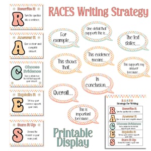 May include: A RACES writing strategy printable display set featuring pastel checkered borders. Includes five rectangular cards with steps, speech bubbles with sentence starters like For example and In conclusion, and a summary chart for classroom use.