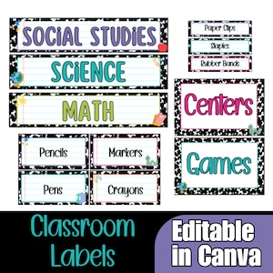 May include: A set of rectangular classroom labels featuring a black and white cow print border. The labels display text including Social Studies, Science, Math, Centers, Games, Pencils, Markers, Pens, Crayons, Paper Clips, Staples, and Rubber Bands.