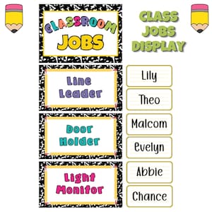 以下が含まれることがあります： CLASSROOM JOBSと書かれたヘッダー、Line Leader、Door Holder、Light Monitorと書かれた3枚の長方形のジョブカード、そしてLily、Theo、Malcom、Evelyn、Abbie、Chanceの名前が書かれた6枚のネームタグで構成される教室用ジョブディスプレイセット。