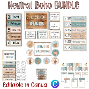 May include: A digital classroom decor bundle titled Neutral Boho BUNDLE, featuring printable signs, classroom rules, hand signals, a daily schedule, job charts, birthday displays, and labels in muted blue, peach, and wood-grain patterns.