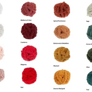 Pode incluir: Uma cole&ccedil;&atilde;o de novelos de l&atilde; grossa em v&aacute;rias cores, incluindo branco, rosa, vermelho e verde. Cada novelo &eacute; rotulado com o nome da sua cor, como "Branco", "Vermelho" e "Cerceta". A l&atilde; parece macia e ideal para artesanato.