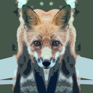 Op de afbeelding: Een close-up van het gezicht van een rode vos, met een wazige achtergrond van groen en blauw. De vos heeft een puntige neus, bruine ogen en een harige staart.