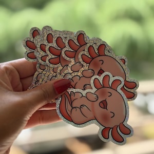 Sticker Axolotl Pailleté – Rosie l’Axolotl Mignonne – Autocollant Holographique Waterproof – Animal Kawaii – Science Cute