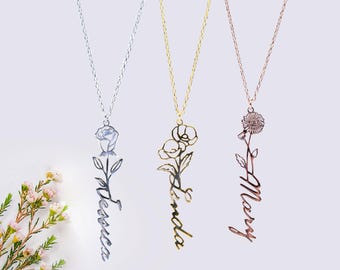 Personalized Birth Flower Name Necklace, Custom Gold Floral Name Necklace, Birth Flower Jewelry, Mother&#39;s Day Gifts, Handmade Gift for Her