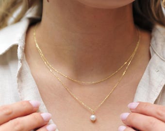 Tiny Freshwater Pearl Necklace, Double Layer Pearl Necklace, Gold Pearl Drop Necklace, Minimalist Necklace, Wedding Jewelry, Bridesmaid Gift