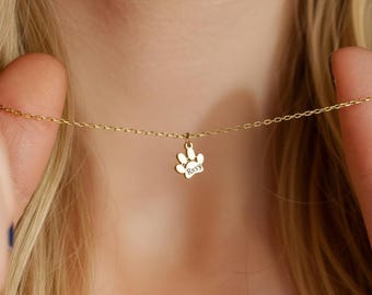 Engraved Paw Print Necklace, Custom Gold Charm Necklace, Unique Pet Keepsake Pet Memorial Necklace, Engraved Name Necklace for Multiple Pets
