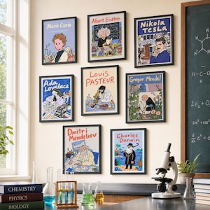 Puede incluir: Una pared de galería con ocho ilustraciones enmarcadas de científicos famosos, incluidos Marie Curie, Albert Einstein, Nikola Tesla, Ada Lovelace, Louis Pasteur, Gregor Mendel, Dmitri Mendeleev y Charles Darwin, sobre un escritorio de laboratorio.