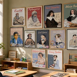 Peut inclure: Une collection de onze affiches murales encadrées présentant des portraits illustrés de mathématiciens et scientifiques célèbres, dont Euclide, Pythagore, René Descartes, Blaise Pascal, Srinivasa Ramanujan, Fibonacci, Carl Gauss, Ada Lovelace, Alan Turing, Katherine Johnson et Emmy Noether.
