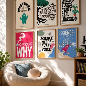 May include: Six framed wall posters with educational themes. The prints feature motivational text and illustrations including a cactus, a tree, a rocket, and scientific icons in various colors like pink, blue, green, and black on light backgrounds.