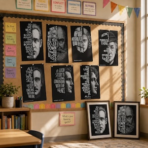 May include: A collection of black and white literary posters displayed on a cork bulletin board and in frames. Each poster features a portrait of an author paired with a famous quote, including works by F. Scott Fitzgerald, Ernest Hemingway, and Sylvia Plath.