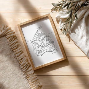 Può includere: Una stampa incorniciata con una cornice in legno chiaro. L'opera d'arte è un disegno a tratto nero e bianco con la citazione "Quando insegni qualcosa a un bambino, gli togli la possibilità di scoprirlo da solo."