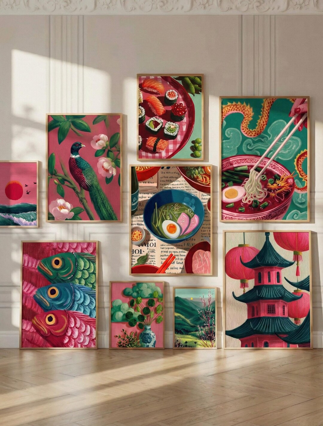 Whimsical Asian Food and Nature Digital Wall Art Set, Colorful Sushi ...