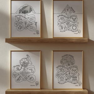 May include: Four framed art prints with gold frames are displayed on a wooden shelf. Each print features intricate black line drawings with philosophical quotes and illustrations. The prints are arranged in a grid, creating a cohesive and artistic display.