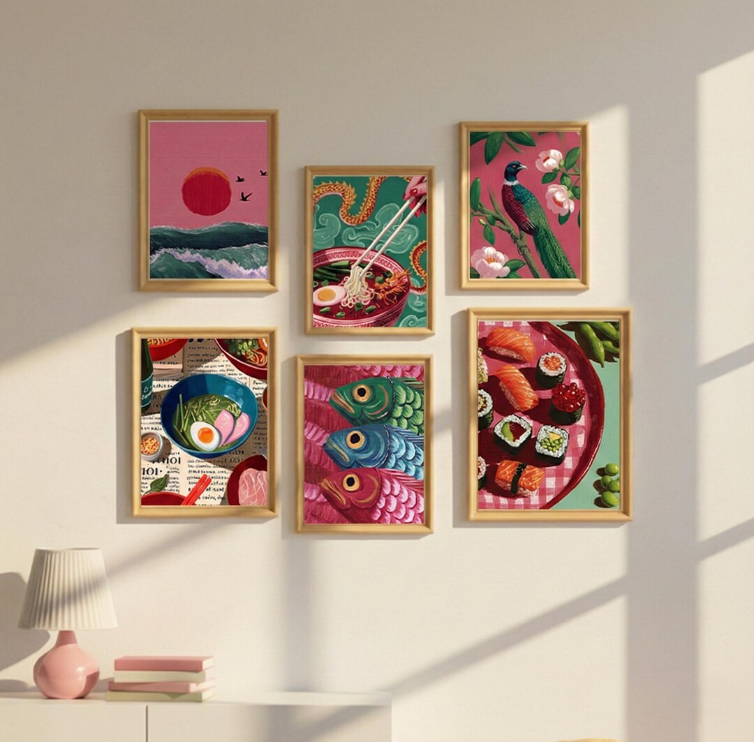 Asian Inspired Digital Poster Collection in Pink and Green Tones ...