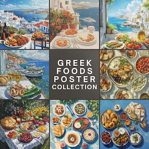 Set of 18 high-resolution Greek food digital prints, gouache paint greek foods poster collection, Santorini blue and white poster set