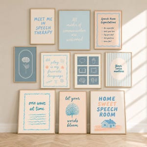 May include: A collection of ten framed wall art prints featuring speech therapy themes. The posters display various phrases like Meet Me In Speech Therapy, Home Sweet Speech Room, and Your Voice Matters, alongside illustrations of flowers, icons, and waves.