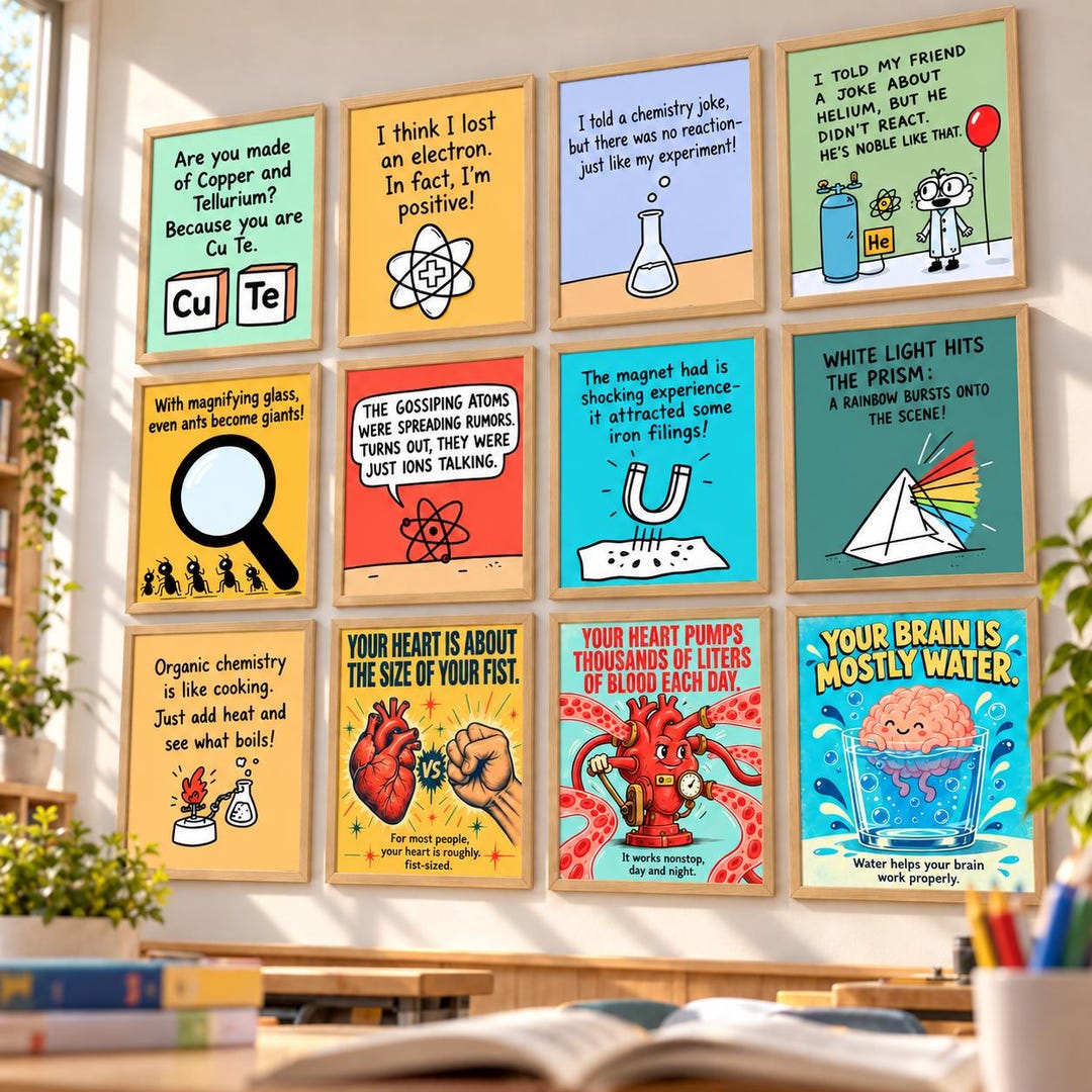 32 Science Posters Set, Funny Chemistry Biology Physics Jokes Bundle ...