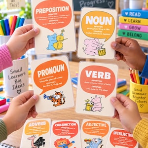 Könnte beinhalten: Ein Set aus pädagogischen Grammatik-Lernkarten mit farbenfrohen Tierillustrationen und Definitionen für Wortarten wie Präposition, Nomen, Pronomen, Verb, Adverb, Konjunktion, Adjektiv und Interjektion, die in den Händen gehalten werden.