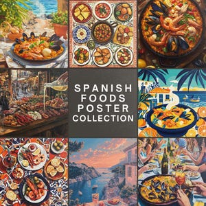 Set of 16 high-resolution Spanish food digital prints, Spanish tapas bar printable wall art collection, Bohemian kitchen decor