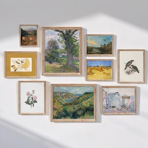 May include: A selection of framed art prints in diverse styles and sizes. The artwork features landscape paintings, botanical illustrations, and wildlife depictions. The frames are crafted from light-coloured wood, creating a cohesive gallery wall aesthetic.