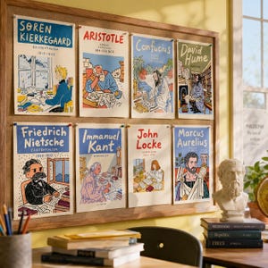 May include: A cork bulletin board displays eight illustrated posters of philosophers including Soren Kierkegaard, Aristotle, Confucius, David Hume, Friedrich Nietzsche, Immanuel Kant, John Locke, and Marcus Aurelius, each featuring their name and dates.