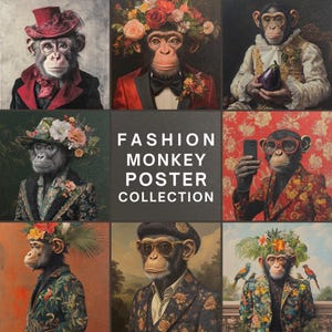Chimpanzee Fashion Poster Set: Quirky Monkey Selfie Art (Digital Download)