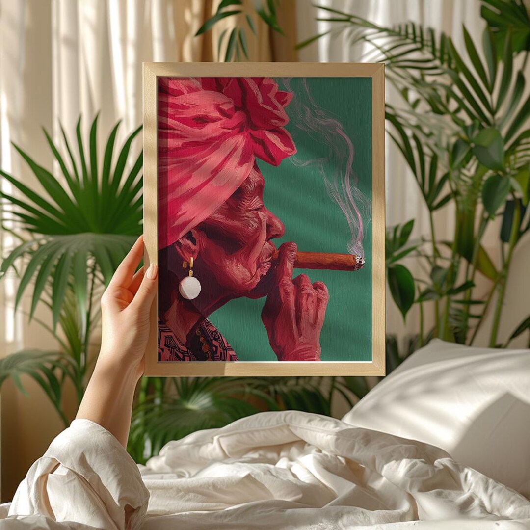 Vibrant Woman Smoking Cigar Art Print, Pink and Teal Oil Painting ...