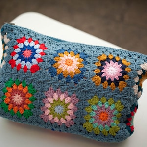 Granny Square Clutch Bag, Blue Knitted Hang Bag for Women
