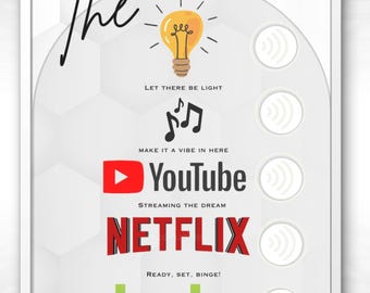 May include: A white framed poster with the text "The Smart Menu" at the top. The poster features icons for various streaming services, including YouTube, Netflix, and Hulu. The text "Let there be light" is below a lightbulb icon. The text "Make it a vibe in here" is below a music note icon. The text "Streaming the dream" is below the YouTube icon. The text "Ready, set, binge!" is below the Netflix icon. The text "Hit play, stay a while" is below the Hulu icon.