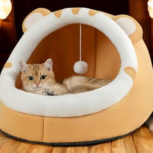 Cozy Cat Bed House – Cute Covered Cave with Plush Cushion, Soft and Warm Pet Bed for Kittens & Small Cats