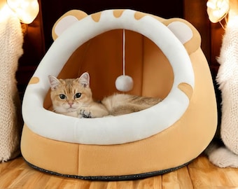 居心地の良い猫用ベッドハウス – かわいい屋根付きの洞窟、ふかふかのクッション、子猫や小型猫用の柔らかくて暖かいペットベッド