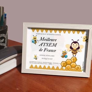 Certificat à imprimer meilleure ATSEM France- Kit DIY cadeau fin d'année scolaire JPG- Remerciement assistante institutrice à personnaliser.