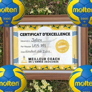 Affiche à imprimer Handball, diplôme entraineur JPG et carte à offrir Merci Coach. Cadeau pour entraineur handball à personnaliser, dédicace
